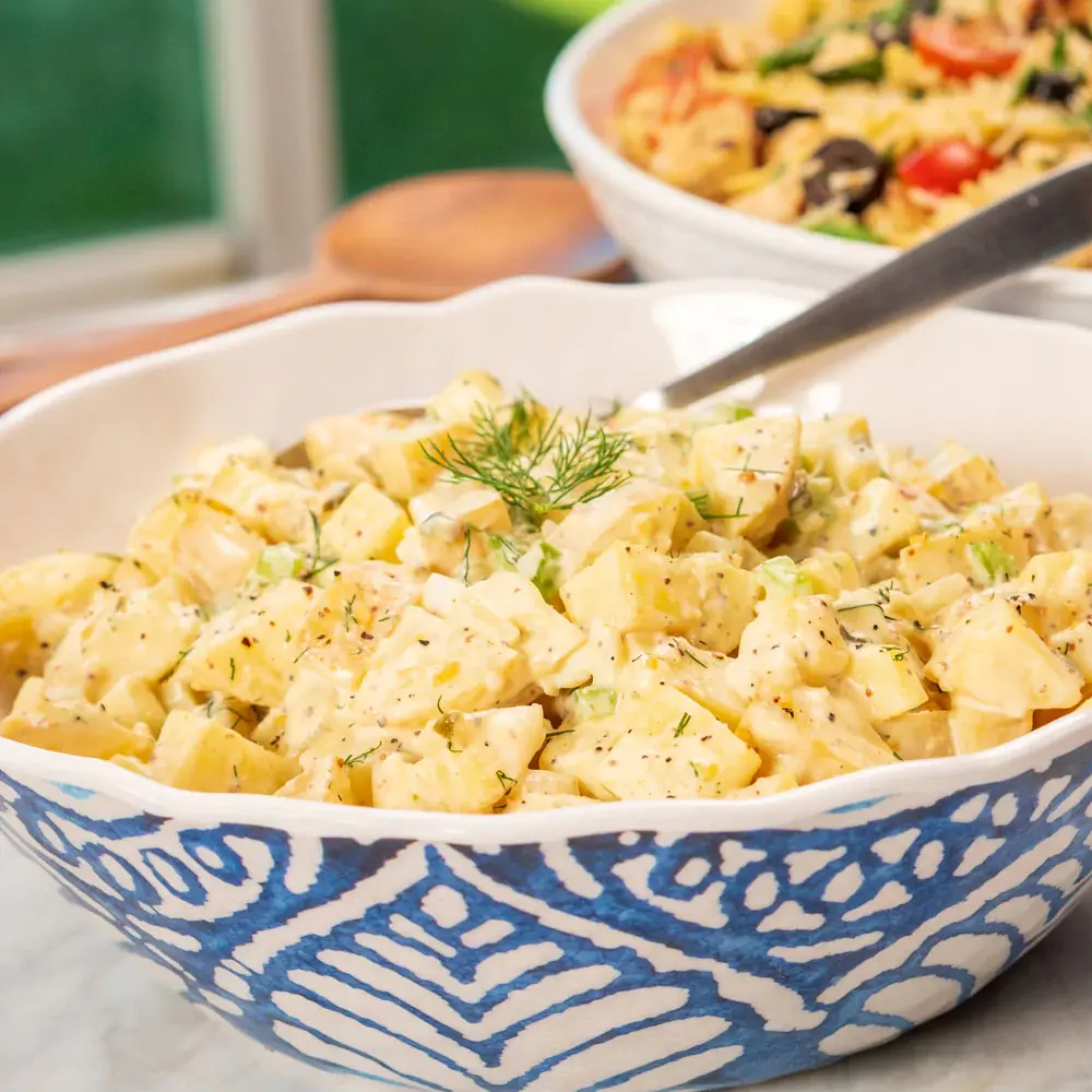 The Blend Potato Salad in a blue bowl