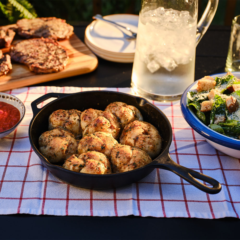 Garlic knots in a cast iron pan