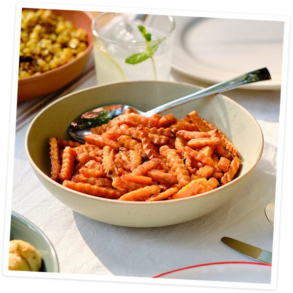 Sweet potato fries in a serving bowl