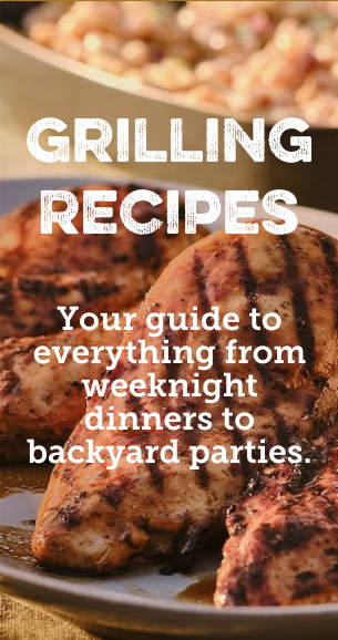 Grilled chicken on a plate with text "Grilling Recipes: Your Guide for everything from weeknight dinners to backyard parties."