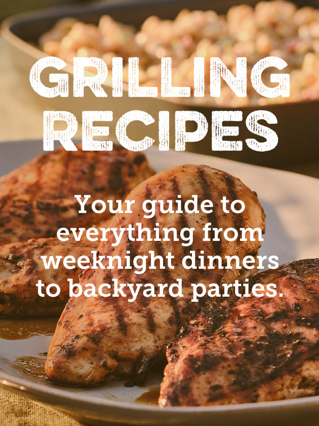 Grilled chicken on a plate with text "Grilling Recipes: Your Guide for everything from weeknight dinners to backyard parties."