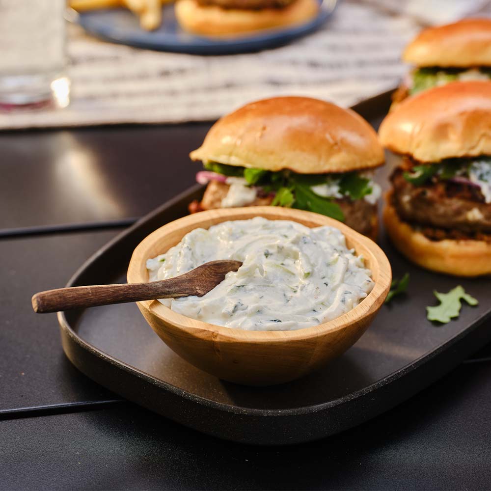 Tzatziki Sauce in a wooden bowl
