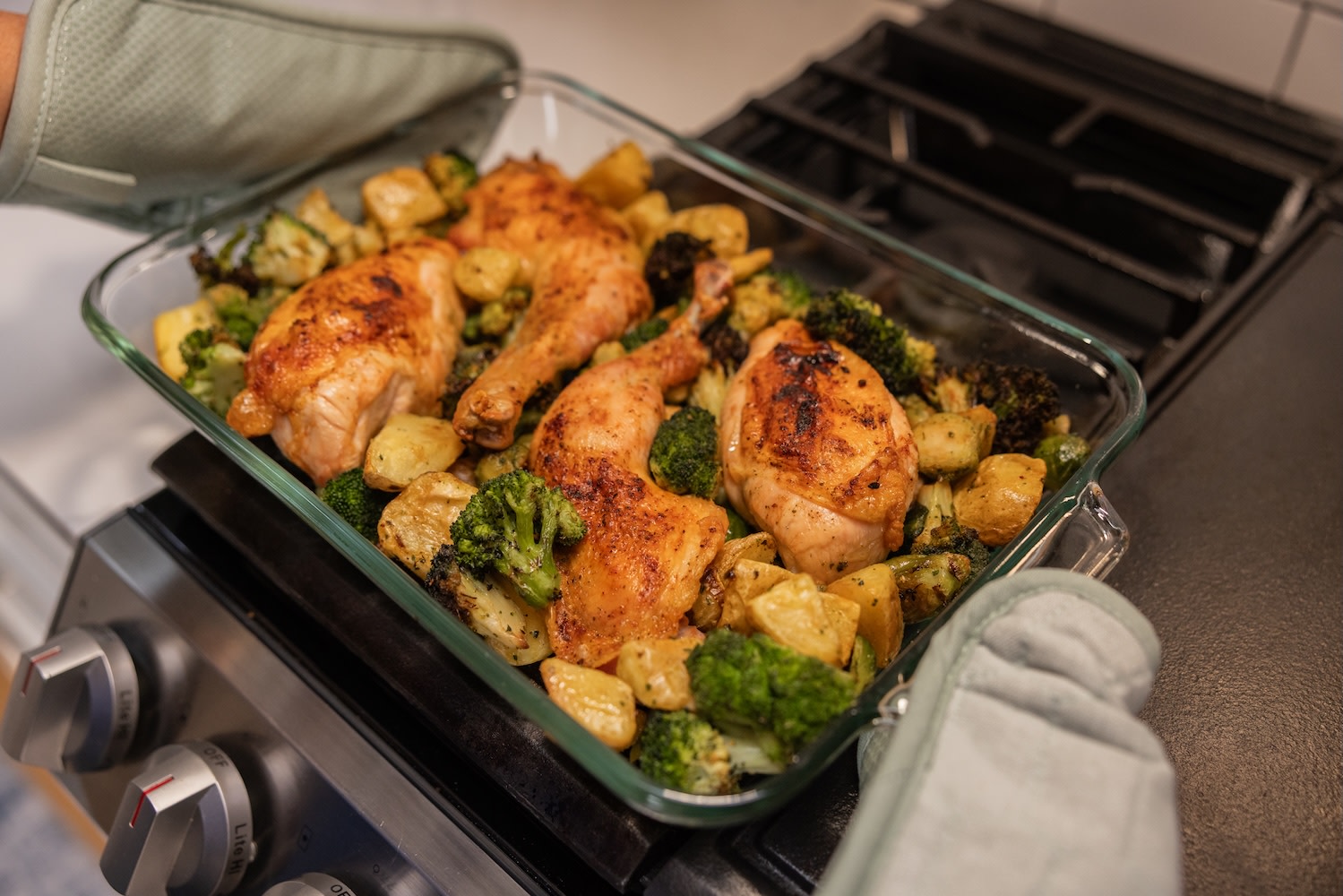 mixed vegetables and chicken in a clear casserole dish