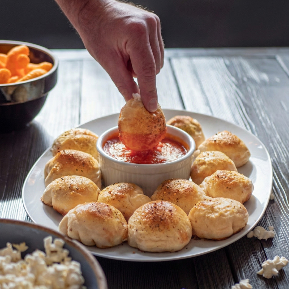 Rounds pizza bites on a plate with a bowl of pizza sauce