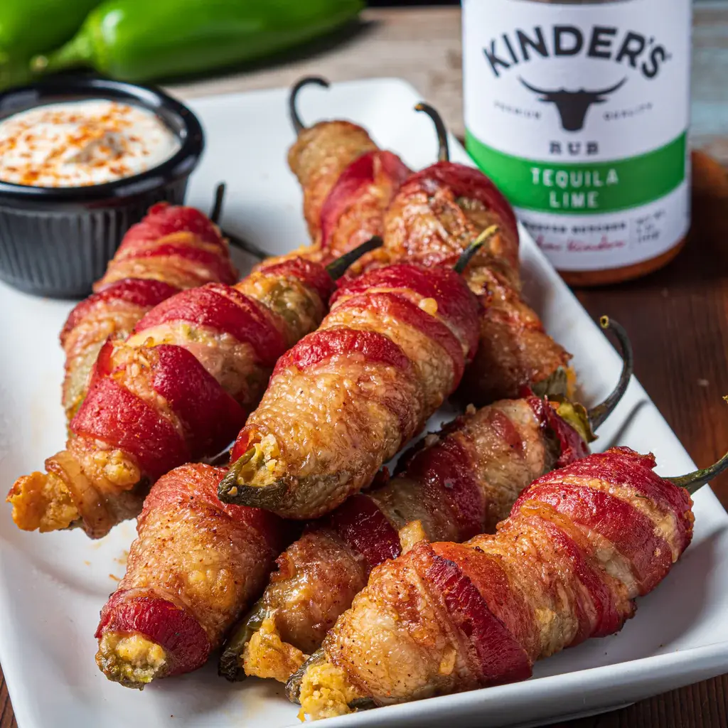 Pile of bacon wrapped jalapenos on a plate with dipping sauce