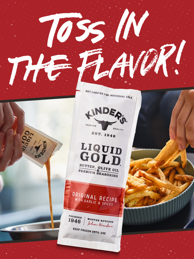 Packet of Liquid Gold Original Recipe being poured over fries 