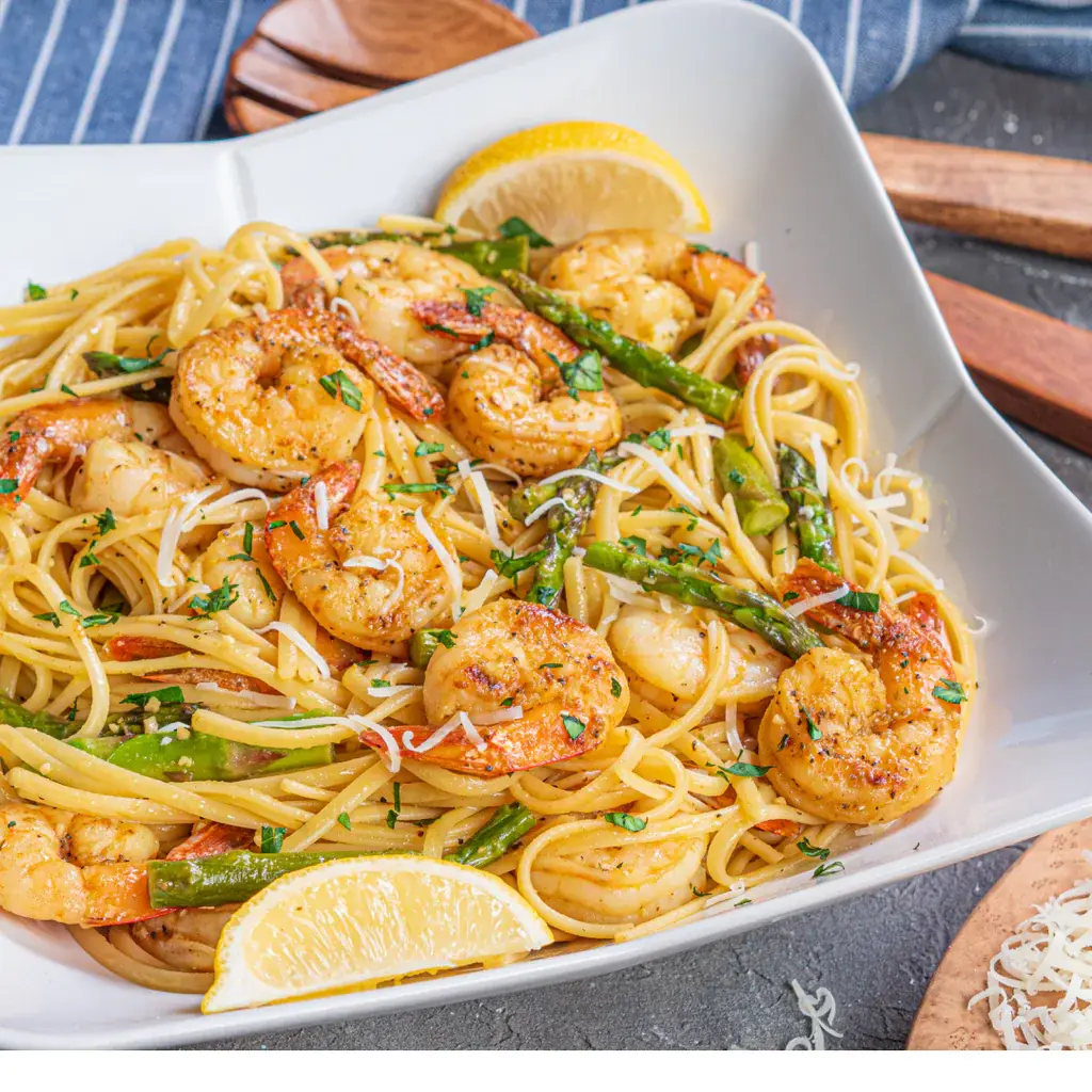Serving dish of liguine with shrimpi