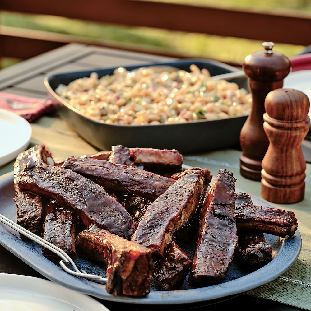 Smoked ribs on a picnic table