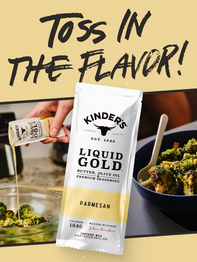 Packet of Liquid Gold Parmesan being poured over broccoli 