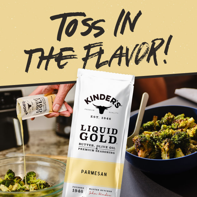 Packet of Liquid Gold Parmesan being poured over broccoli (1)