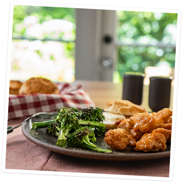 Honey Butter Chicken Bites with broccoli and biscuits 