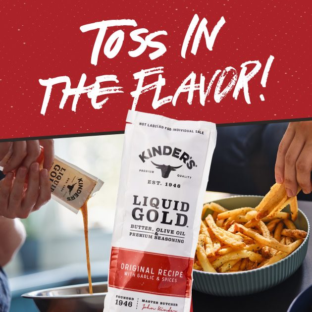 Packet of Liquid Gold Original Recipe being poured over fries 