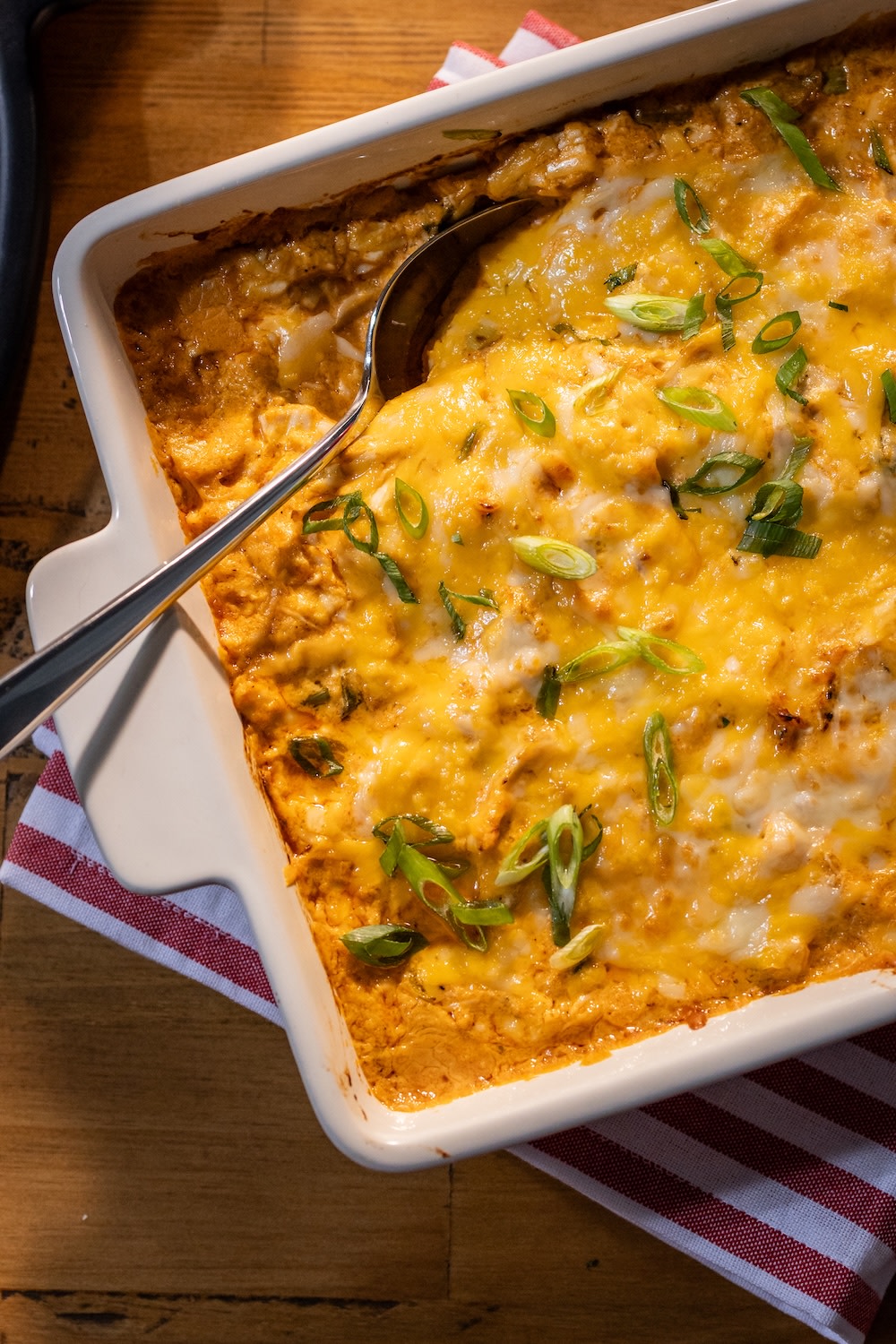 Corn dip in a white casserole dish