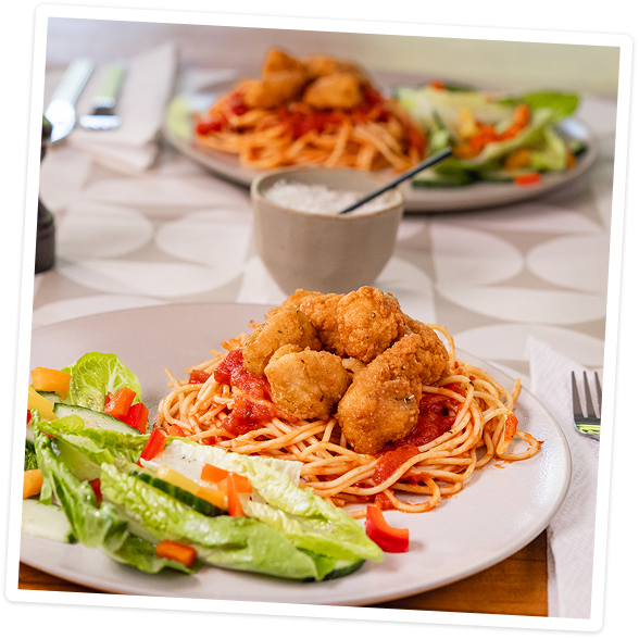 Garlic Parmesan Chicken Bites with Spaghetti