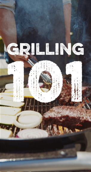 Steaks and vegetables on the grill with text "Grilling 101"
