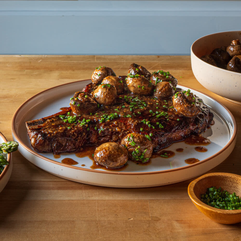 Black Garlic Ribeye with Roasted Mushrooms