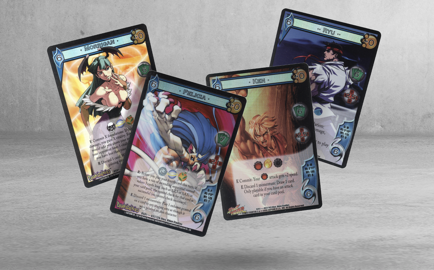 Darkstalkers cards that feature Cassandra, Felicia, Ken, and Ryu