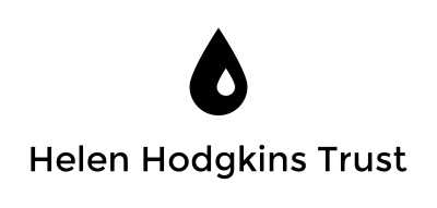 Helen Hodgkins Trust logo, black water drop on white background.