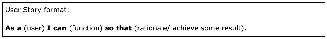 Displays text: As a (user) I can (function) so that (rationale/achieve some result)
