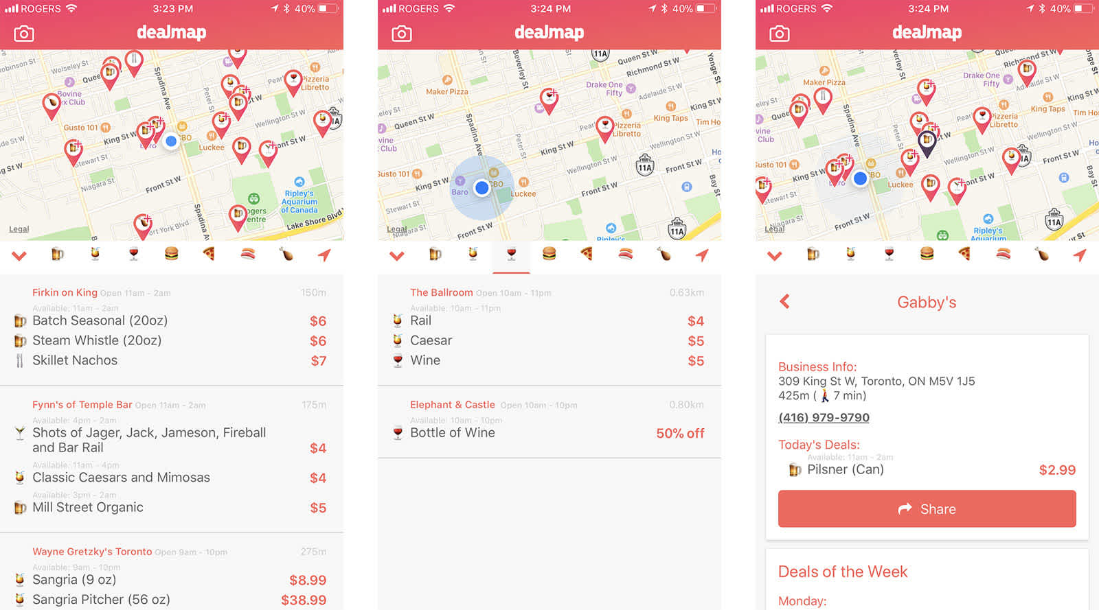 Three screenshots of the Dealmap app