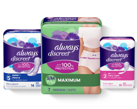 Always Discreet classic liners, pads and underwear