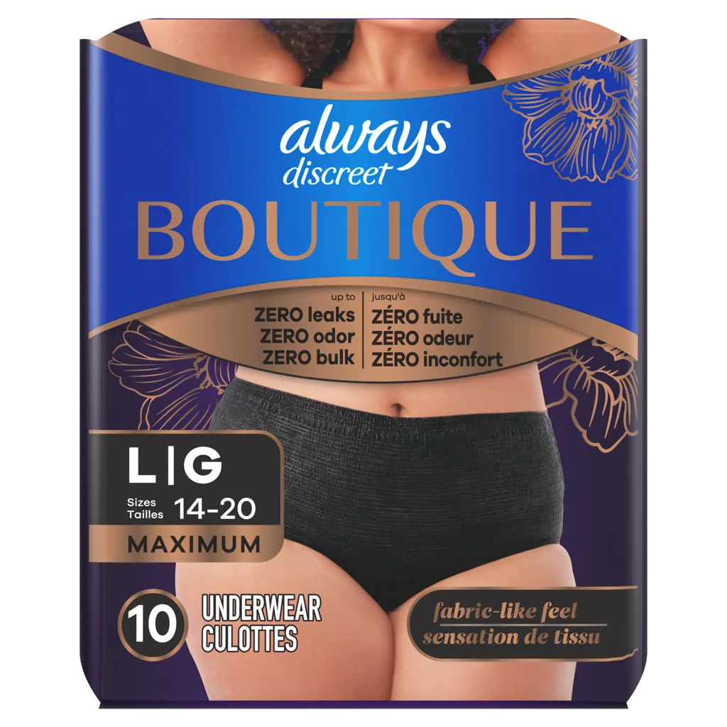 Always Discreet Boutique Incontinence Underwear, Black, Large 10 ct