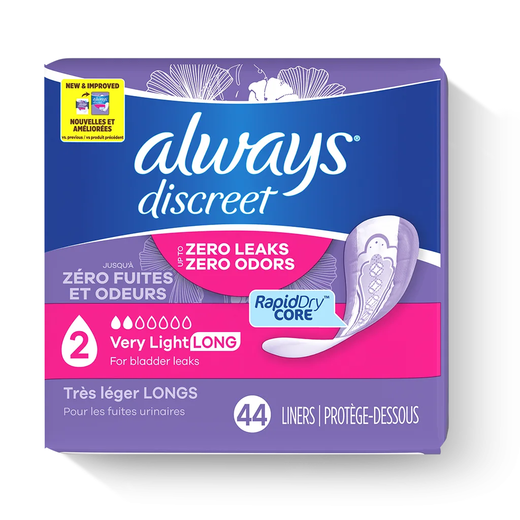 Always Discreet Boutique Adult Incontinence & Postpartum Liners For Women,  Size 2, Very Light Absorbency, Long Length, 32 Count x 3 Packs (96 Count