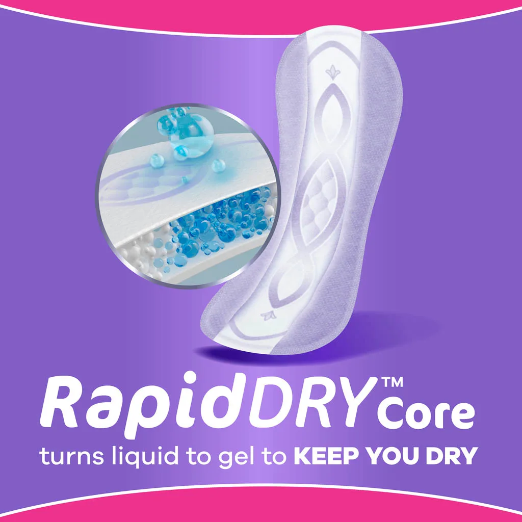 Always Discreet has a RapidDry core that turns liquid to gel to keep you dry.