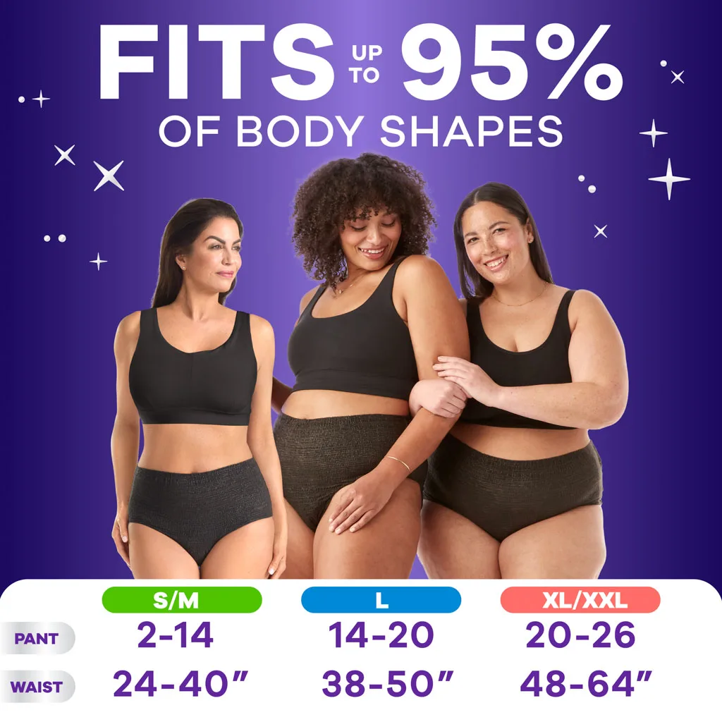 Always Discreet Boutique underwear fits up to 95% of body types. Image of 3 women in 3 sizes: S/M, L, XL/XXL. Associated pants sizing + waist measurements under each one. Available in Rosy and Black color