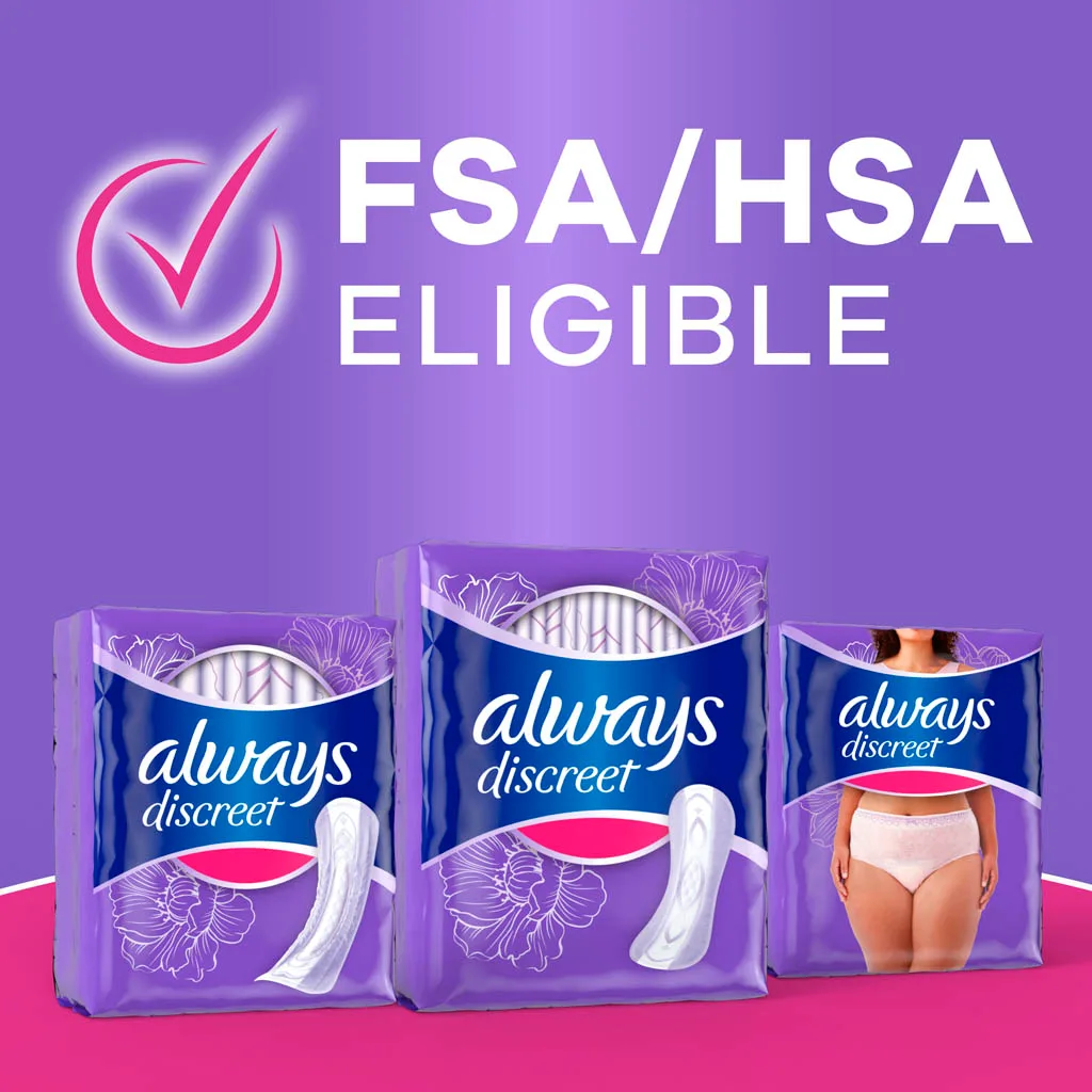 FSA/HSA eligible. Always Discreet product packages shown for pads and underwear.