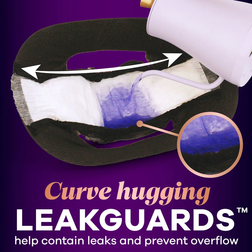 Curve hugging leakguards help contain leaks and prevent overflow. Image of liquid pouring onto product showing off leakguards