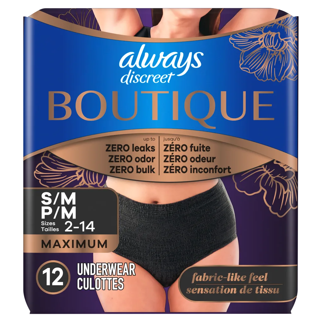 Always Discreet Boutique Incontinence Underwear, Black, Small, 12ct