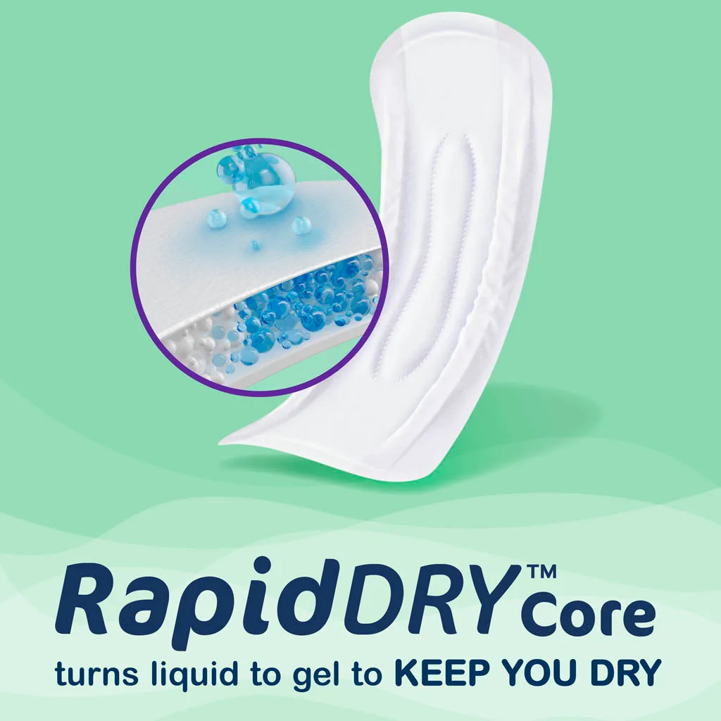 Always Discreet has a RapidDry core that turns liquid to gel to keep you dry.
