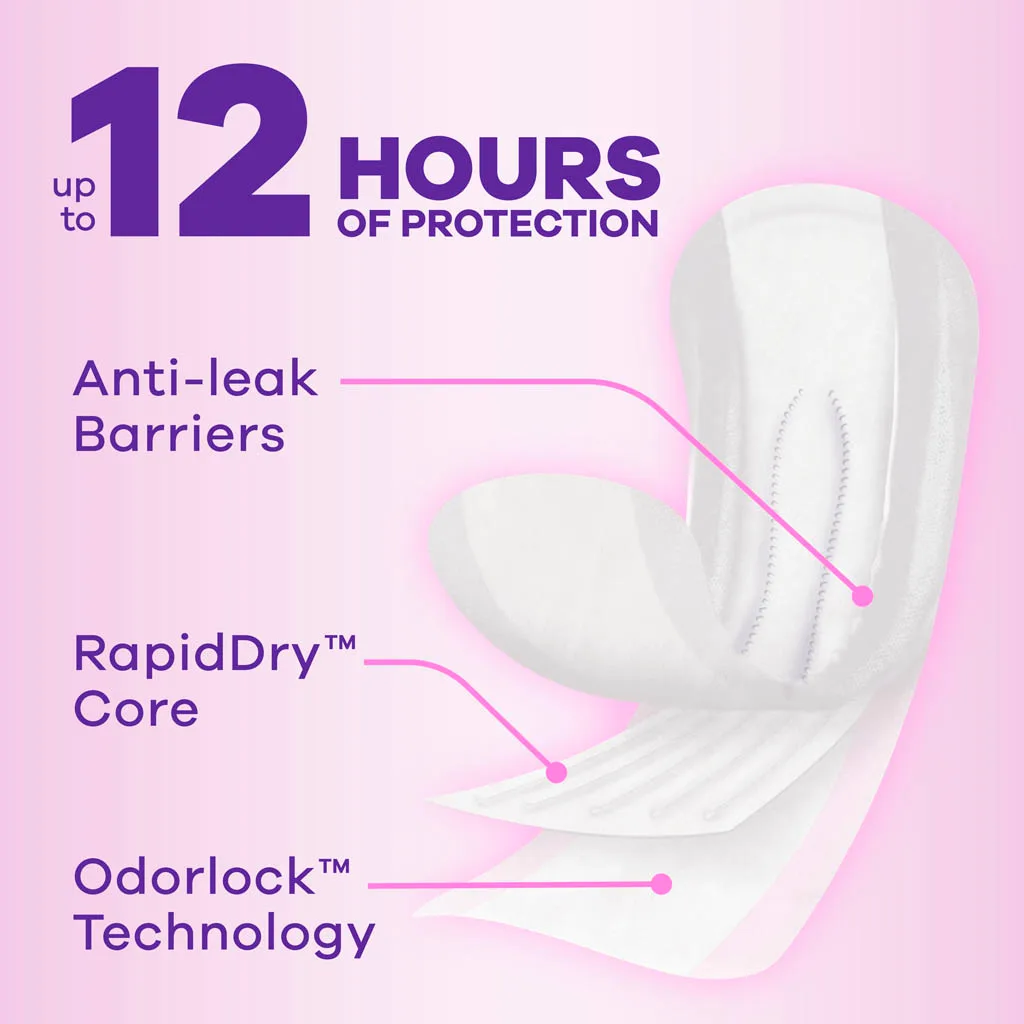 Always Discreet Sensitive Pads offer up to 12 hours of protection. Pads are constructed with to give you the best protection including a RapidDry Core, Odorlock Technology, and Anti-Leak Barriers.