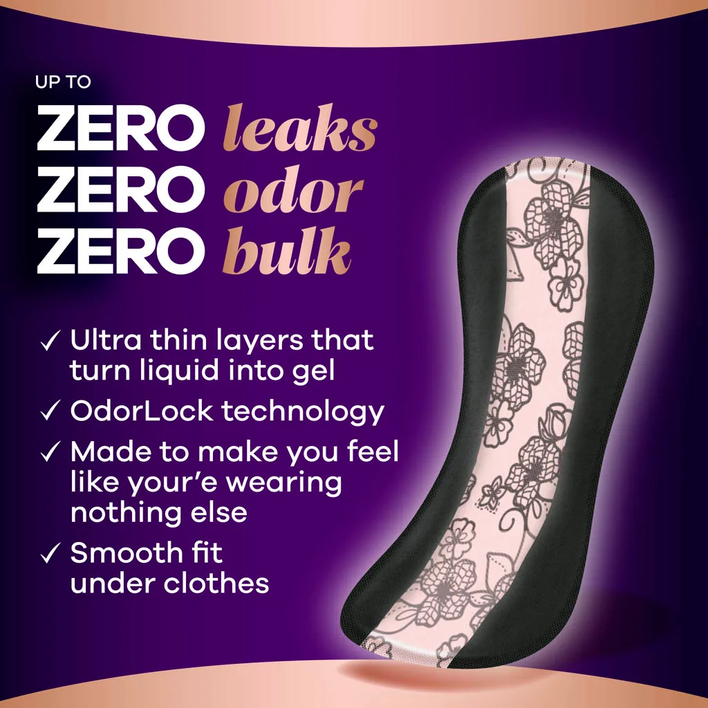 Always Discreet Liners provide up to Zero Leaks, Zero Odor and Zero Bulk for bladder leaks. Pads offer up to 100% leak-free protection, neutralizes odors, comfortable fit and anti-leaks barriers to prevent leaks where they happen most.