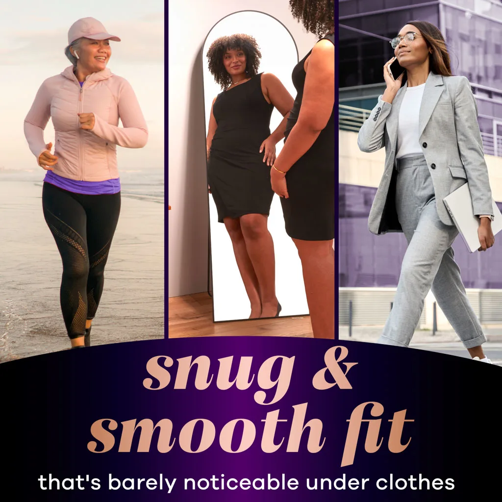 Snug and smooth fit that’s barely noticeable under clothes. Image of women in 3 different outfits showcasing discretion