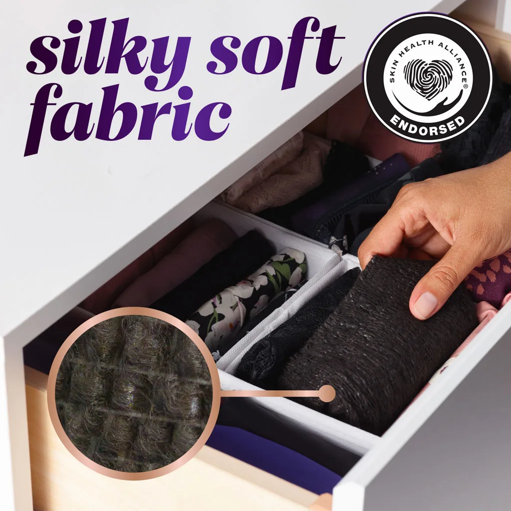 Silky soft fabric. Skin Health Alliance Endorsed. Image of hand pulling product out of drawer and zooming in on softness