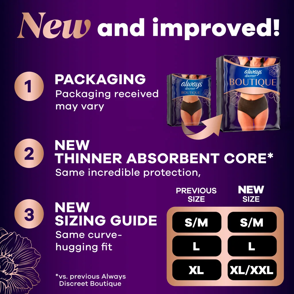 New and Improved, New Packaging, New thinner absorbent core*, same incredible protection, New Sizing guide
