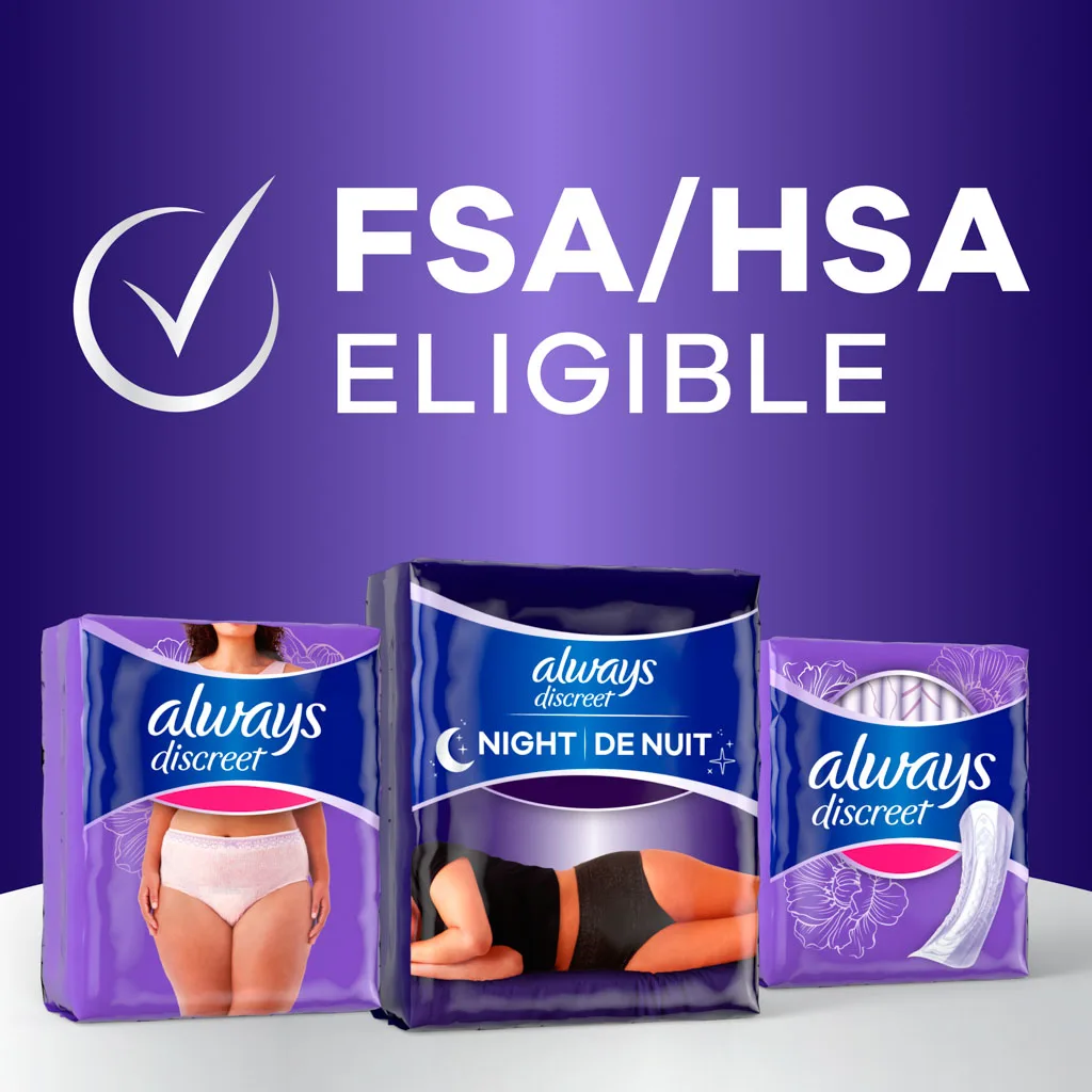 FSA/HSA eligible. Always Discreet product packages shown for pads and underwear.