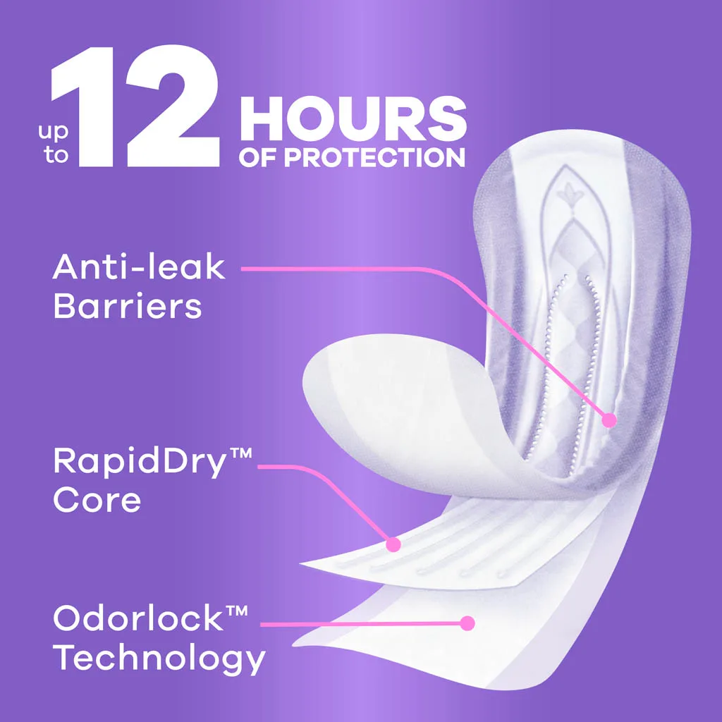Always Discreet Pads offer up to 12 hours of protection. Pads are constructed with to give you the best protection including a RapidDry Core, Odorlock Technology, and Anti-Leak Barriers.