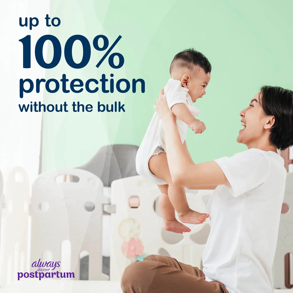 Always Discreet Postpartum Pads offer up to 100% protection without the bulk.