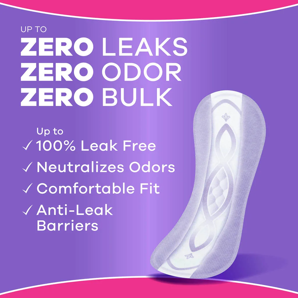 Always Discreet Liners provide up to Zero Leaks, Zero Odor and Zero Bulk for bladder leaks. Pads offer up to 100% leak-free protection, neutralizes odors, comfortable fit and anti-leaks barriers to prevent leaks where they happen most.