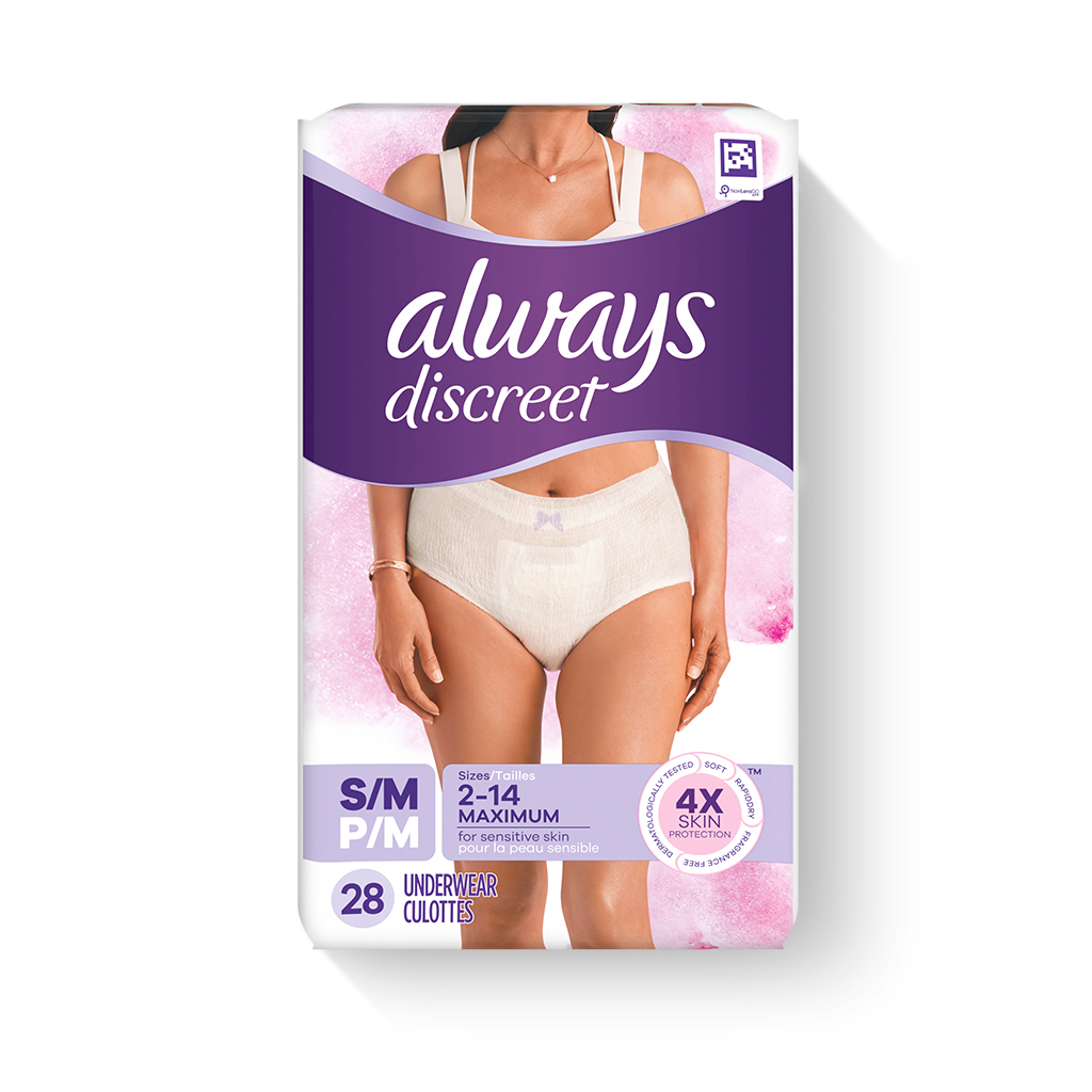 Always Discreet for Sensitive Skin Underwear, Four Times Skin Protection,  Dermatologically Tested, Fragrance-Free, Maximum Absorbency S/M, 16CT