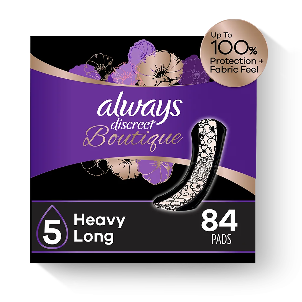 Always Discreet Boutique Incontinence Pads, Heavy Absorbency, Long