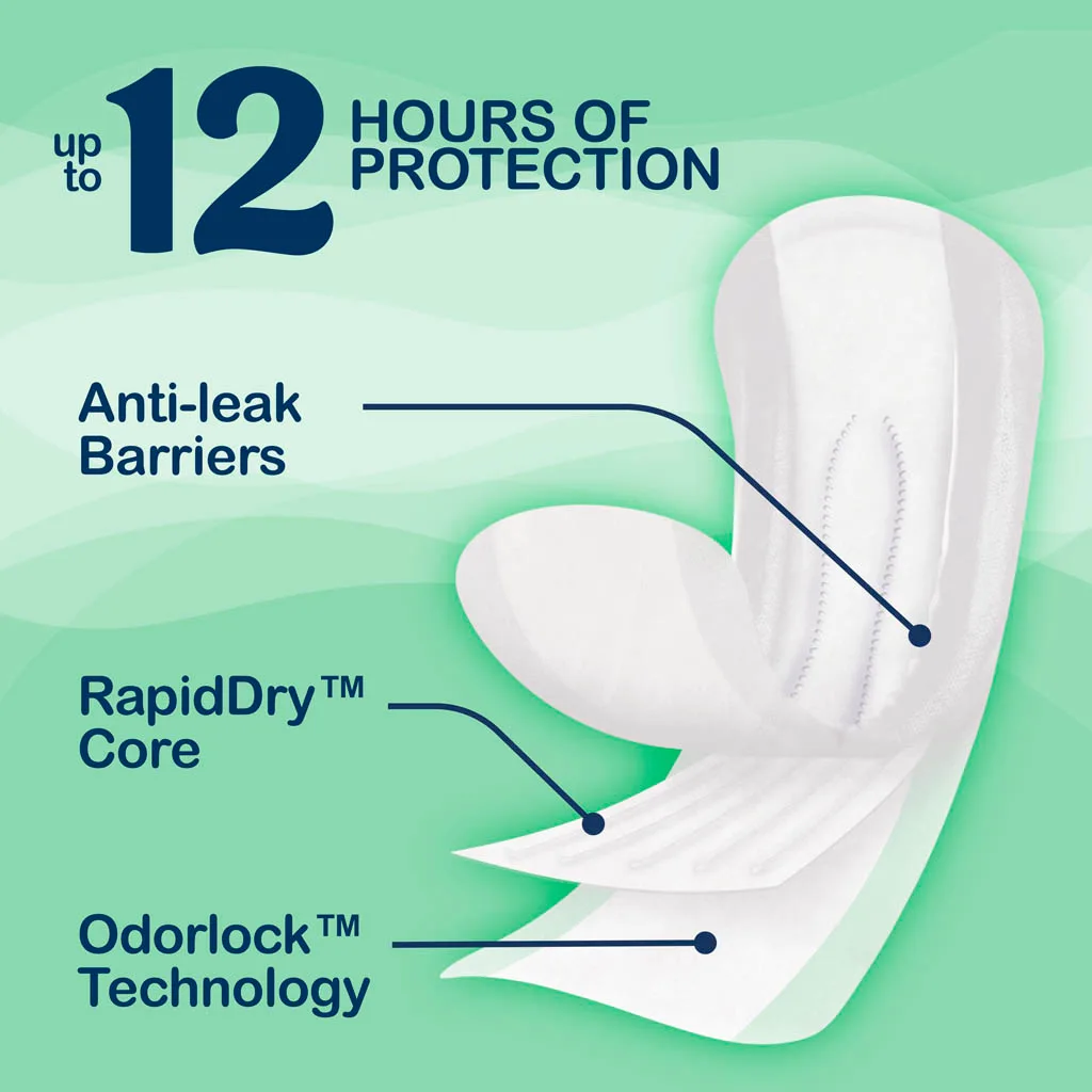 Always DiscreetPostpartum Pads offer up to 12 hours of protection. Pads are constructed with to give you the best protection including a RapidDry Core, Odorlock Technology, and Anti-Leak Barriers.