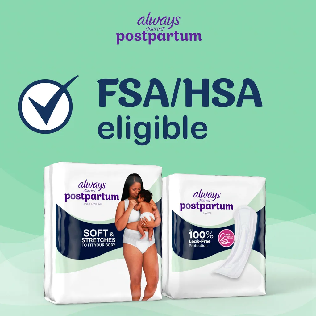 FSA/HSA eligible. Always Discreet product packages shown for pads and underwear.