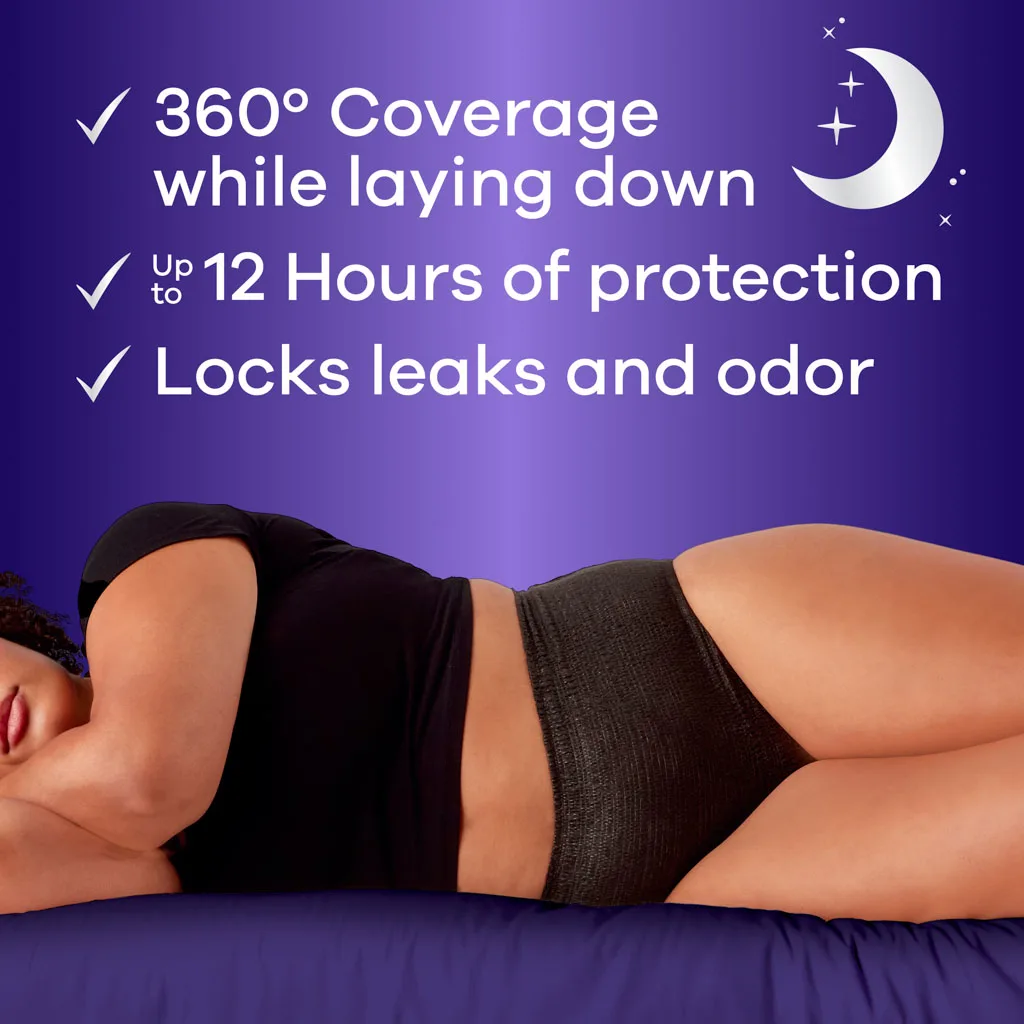 360 coverage while laying down, Up to 12 hours of protection, Locks leaks and odor, Image od model laying down wearing the product
