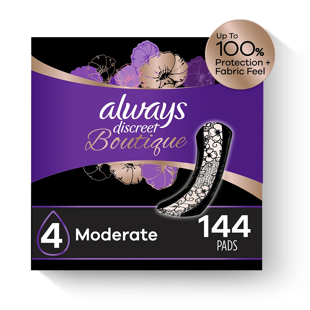 ALWAYS DISCREET Boutique Incontinence Pads, Moderate Absorbency, Regular Length 144ct