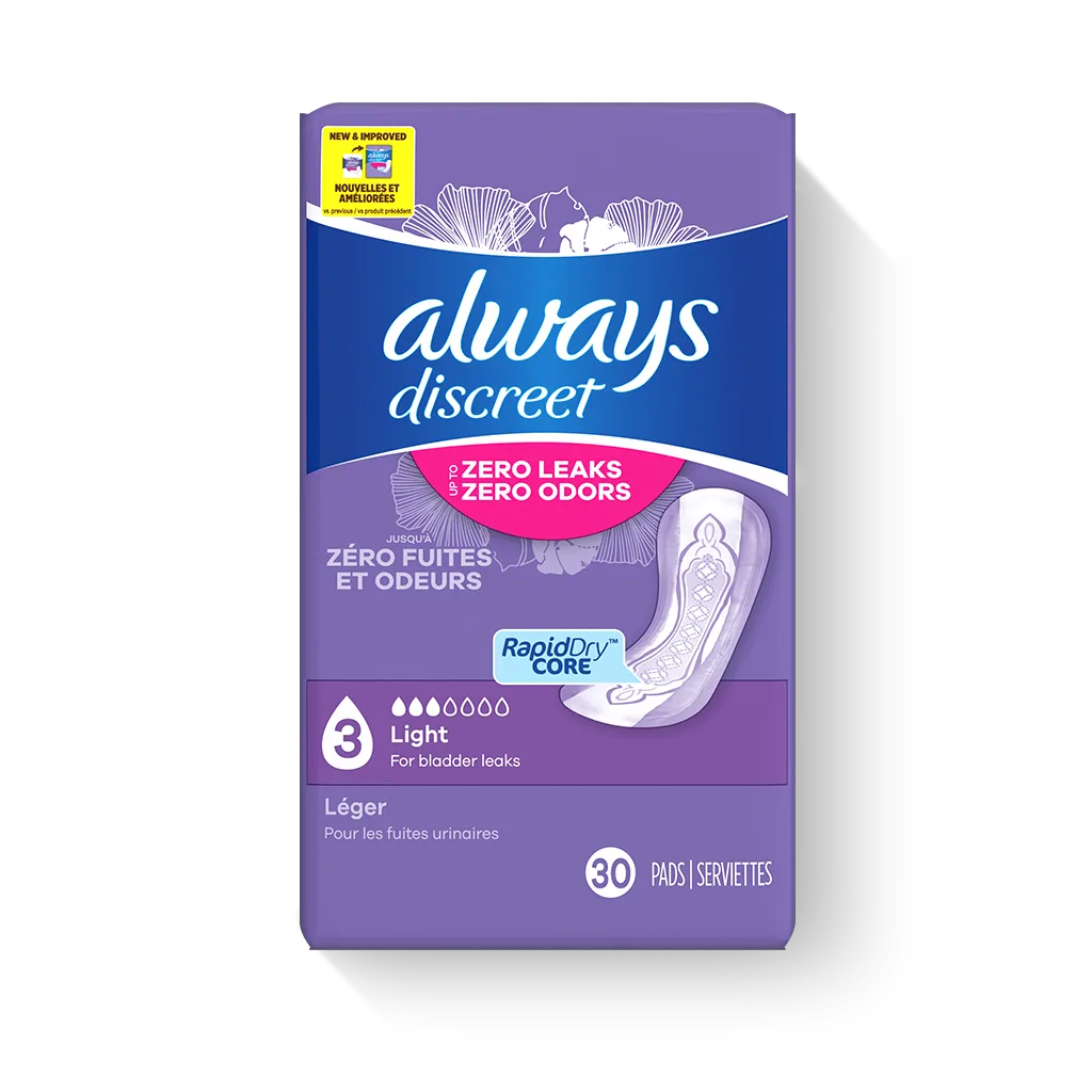 always discreet, incontinence light pads, 3 drops, 30 pads each value pack  of 2 