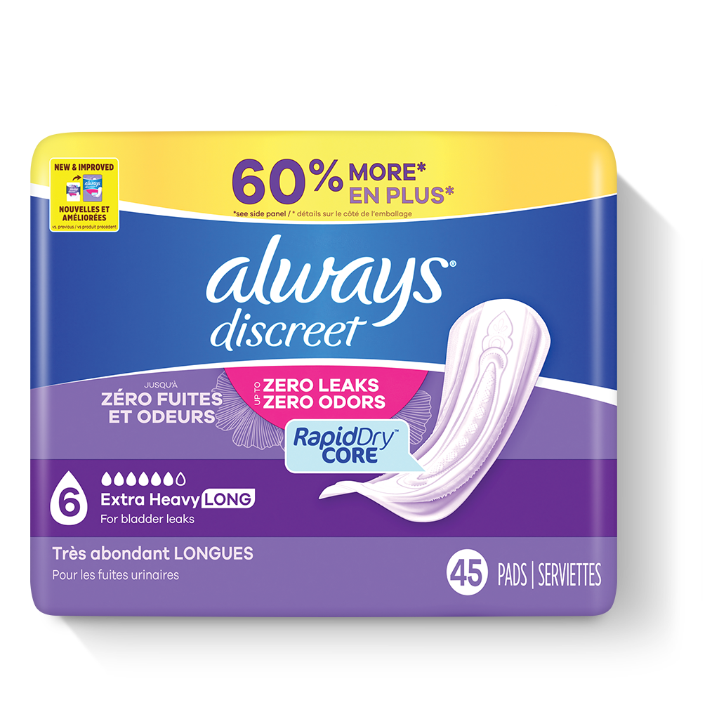 Always Discreet, Incontinence & Postpartum Pads For Women, Size 6 Drops,  Extra Heavy Long Absorbency, 112 Total Count (4 Packs of 28 Count) :  : Health & Personal Care